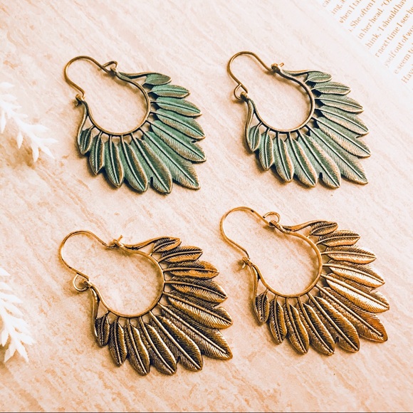 Feather Earrings Fall Boho Fan Shape Patina Green - Picture 2 of 4